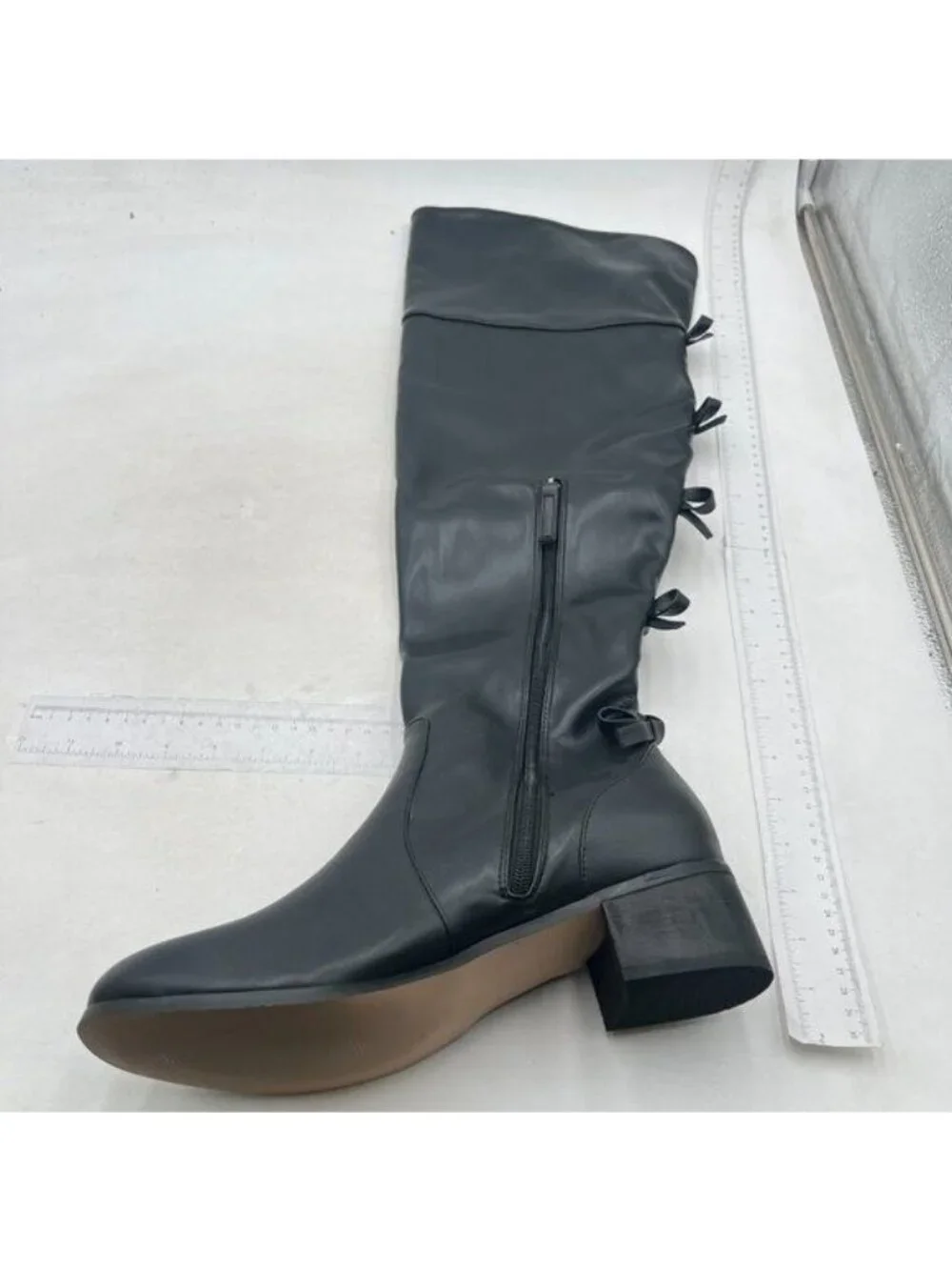 XYD Women Over The Knee Thigh High Boots Chunky Heel Round Toe Bowknots Black